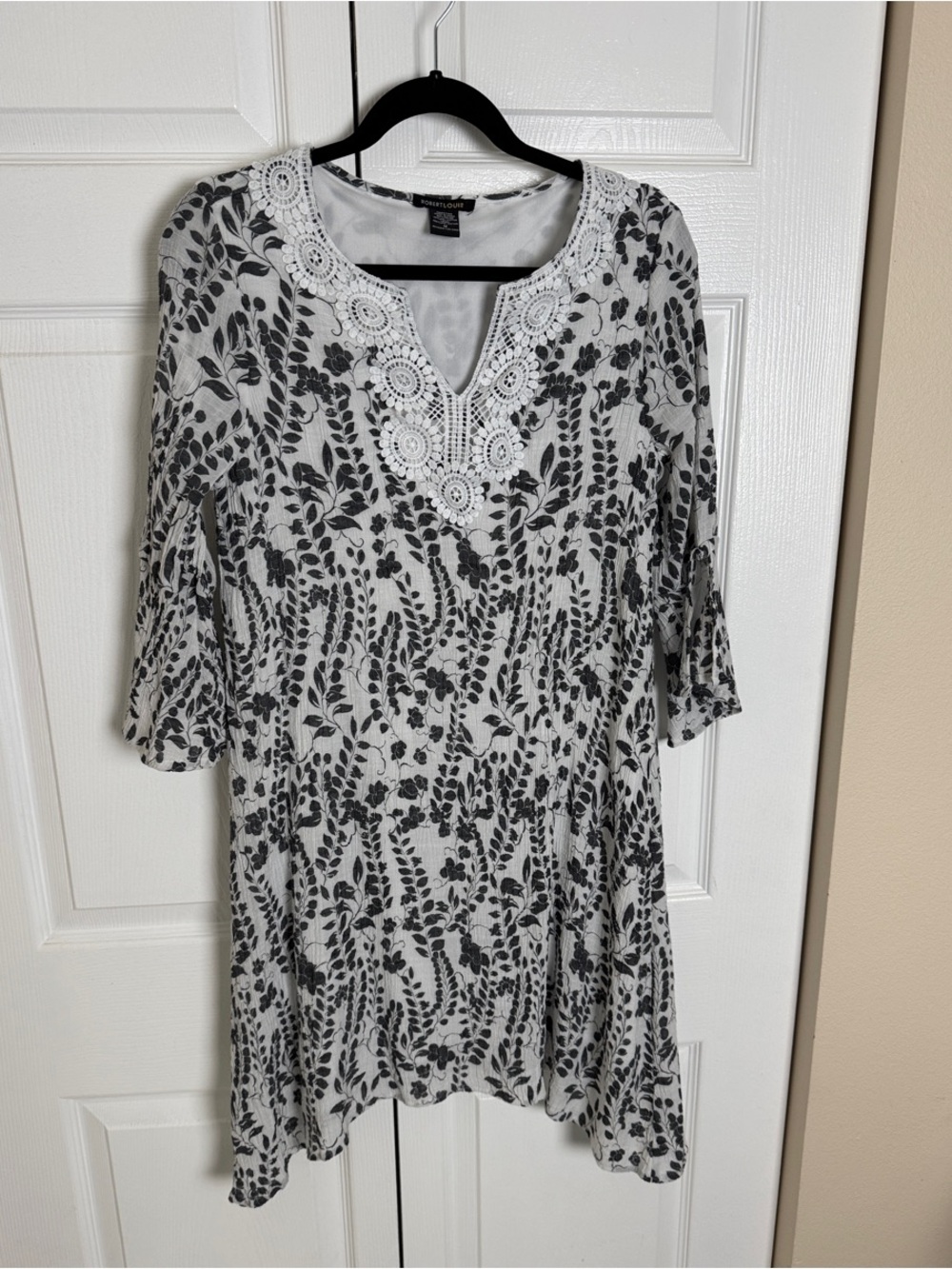 Robert Louis White Midi Dress with Black Floral Embroidery